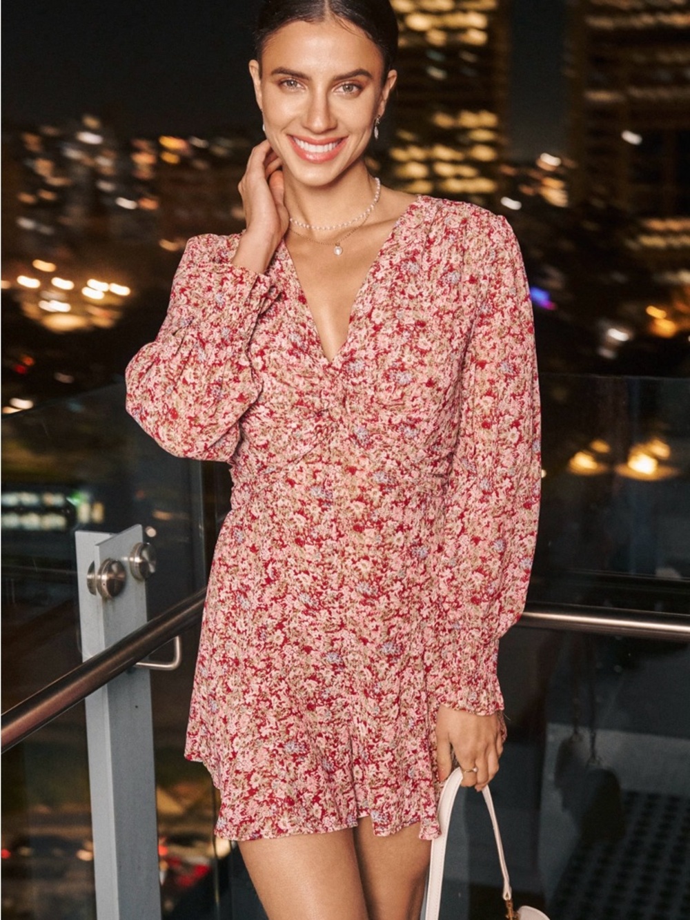 Cupshe Red Floral Ditsy Front Twist Blouson Sleeve Wide Leg Romper